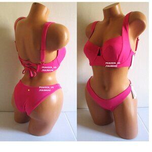 34B/S VICTORIA SECRET SWIM Lace-Up Top Bikini Set Brazilian Bottom Hot Pink nwt